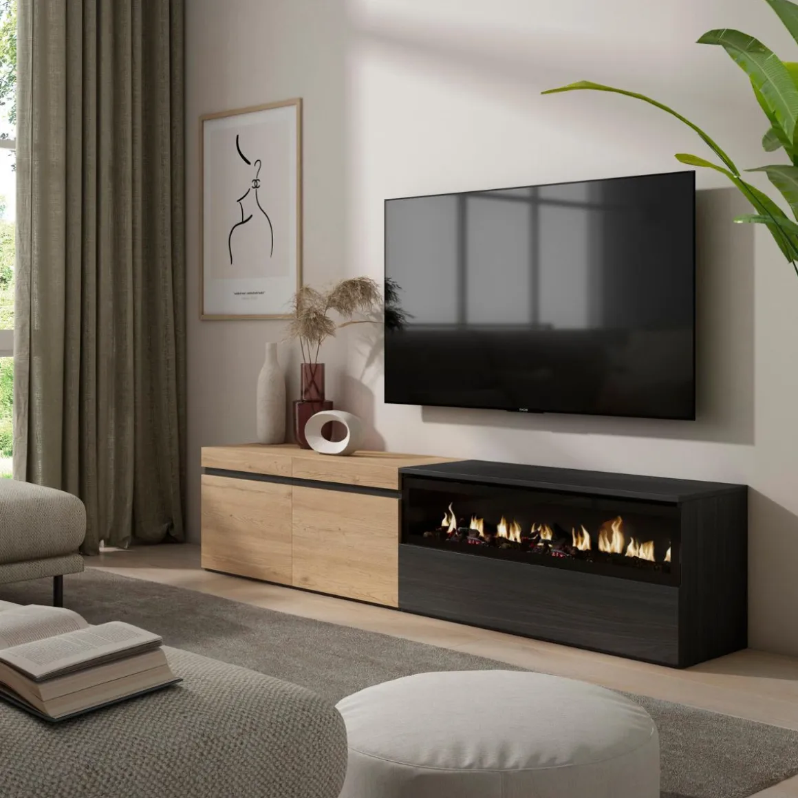 Mueble de TV Kroma 3 puertas con chimenea derecha 45x203x34,6 cm