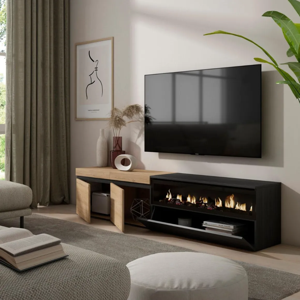 Mueble de TV Kroma 3 puertas con chimenea derecha 45x203x34,6 cm