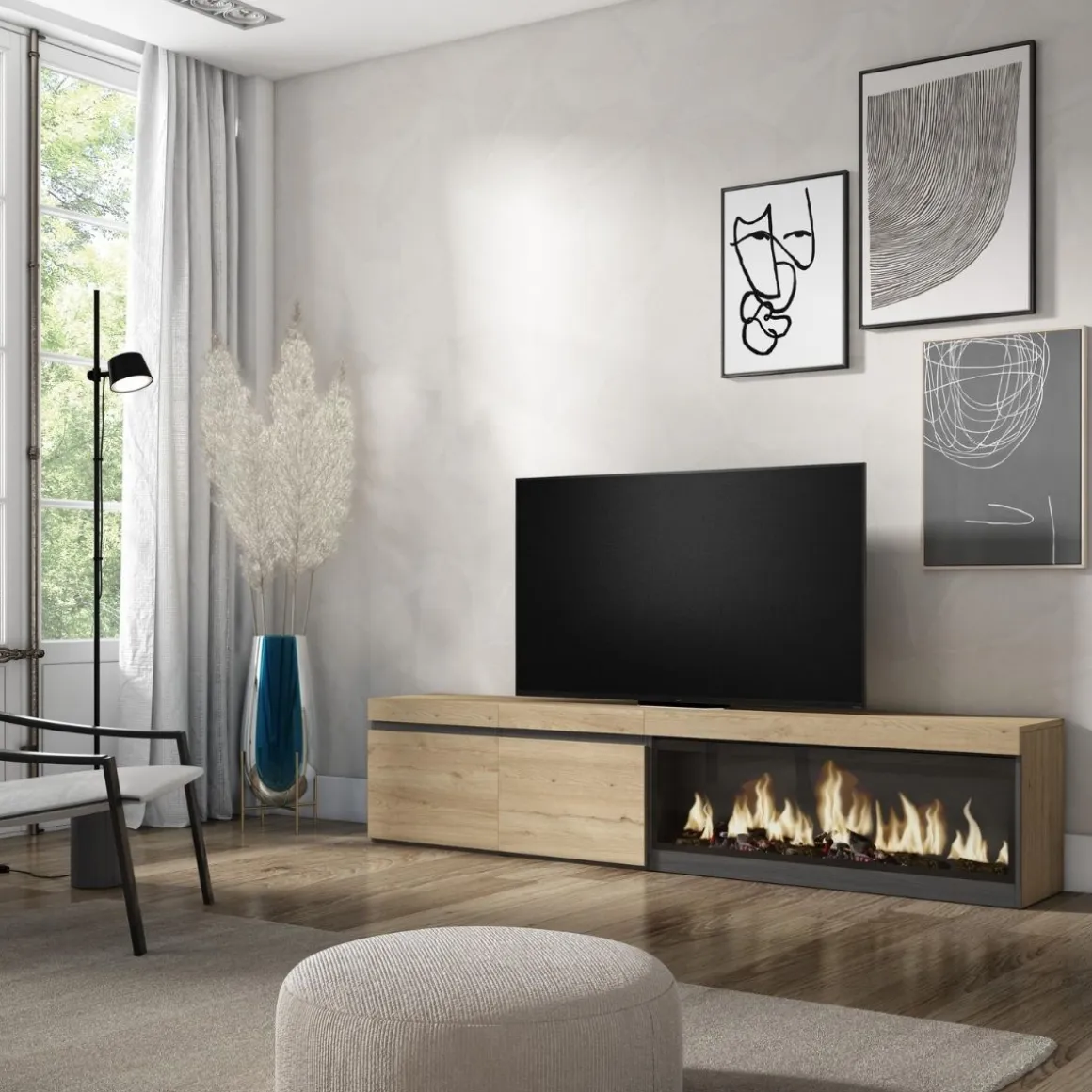Mueble de TV Kroma armario doble con chimenea derecha 45x208,2x34,6 cm