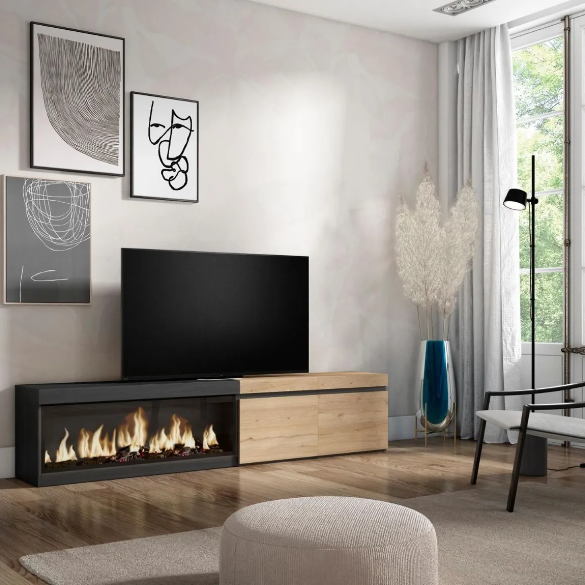 Mueble de TV Kroma armario doble con chimenea izquierda 45x208,2x34,6 cm
