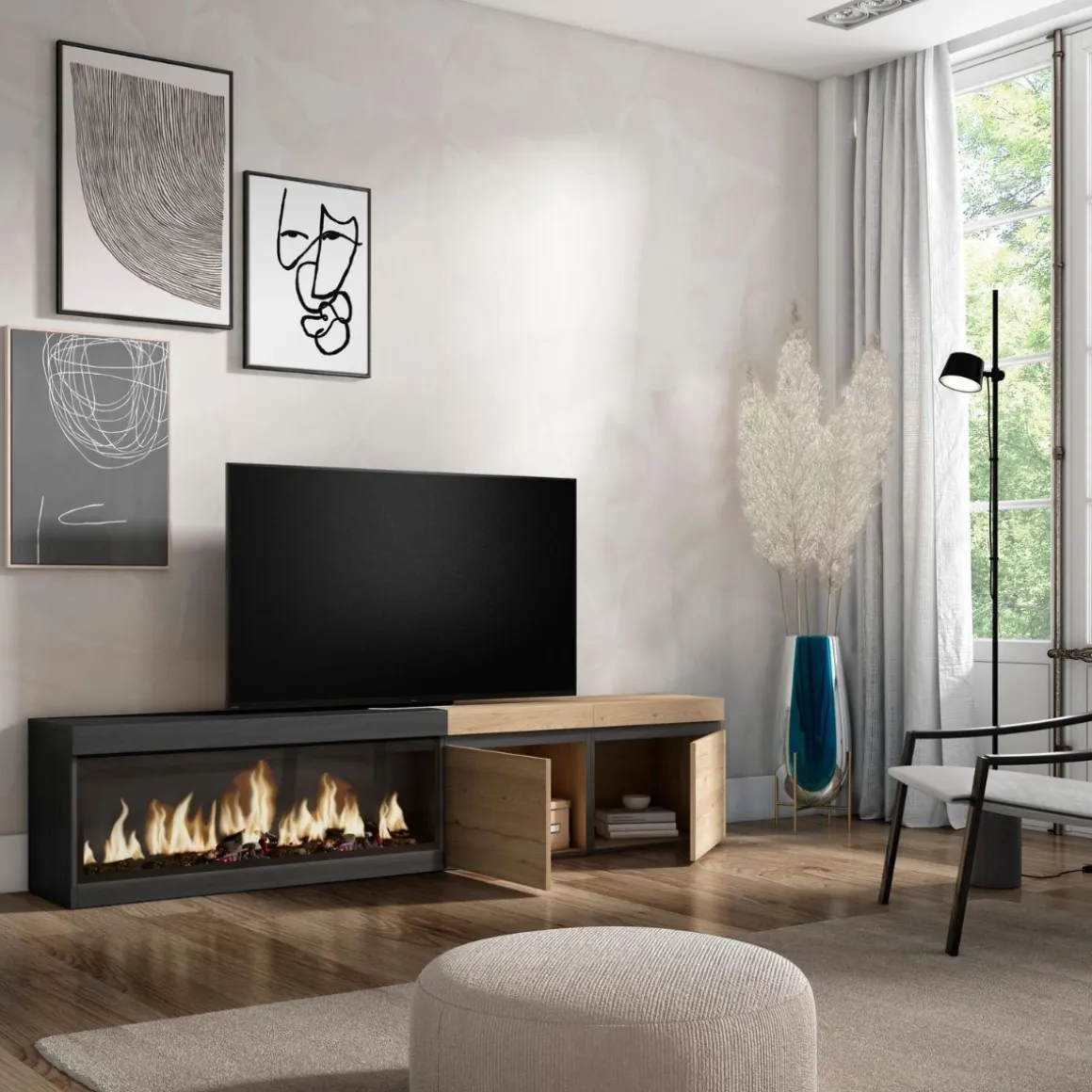 Mueble de TV Kroma armario doble con chimenea izquierda 45x208,2x34,6 cm