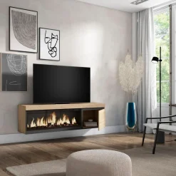 Mueble de TV Kroma con chimenea izquierda diseño flotante natural/negro 45x158x35 cm