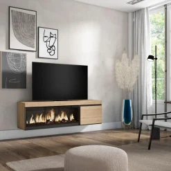 Mueble de TV Kroma con chimenea izquierda diseño flotante natural/negro 45x158x35 cm