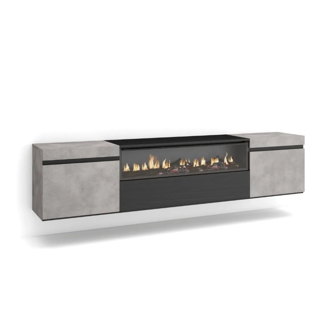Mueble de TV Kroma con chimenea al centro diseño flotante 45x203x34,6 cm