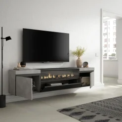 Mueble de TV Kroma con chimenea al centro diseño flotante 45x203x34,6 cm