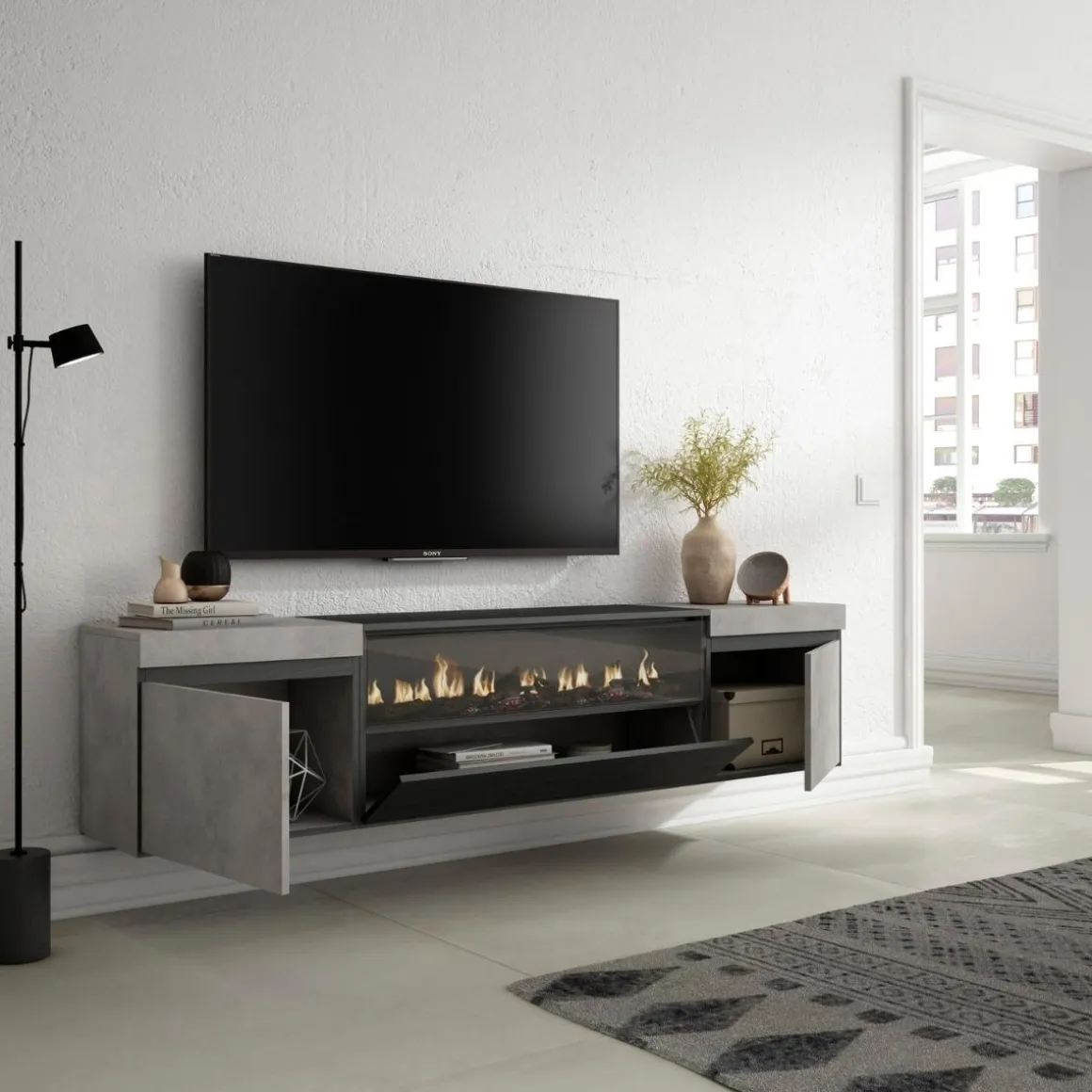 Mueble de TV Kroma con chimenea al centro diseño flotante 45x203x34,6 cm