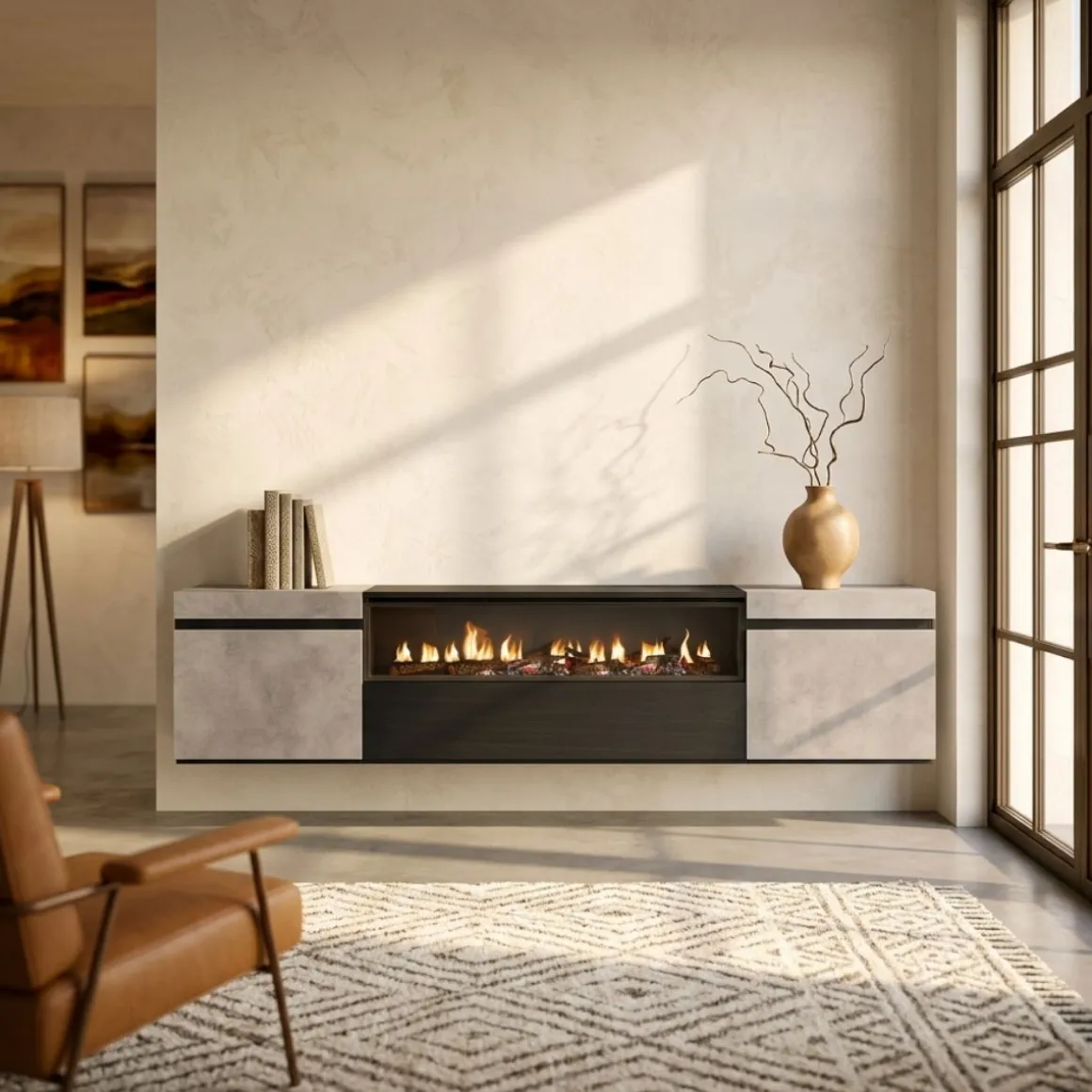 Mueble de TV Kroma con chimenea al centro diseño flotante 45x203x34,6 cm