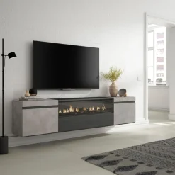Mueble de TV Kroma con chimenea al centro diseño flotante 45x203x34,6 cm