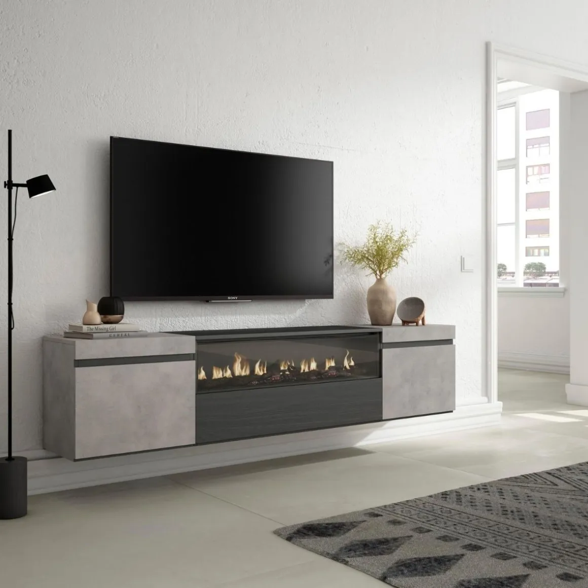 Mueble de TV Kroma con chimenea al centro diseño flotante 45x203x34,6 cm