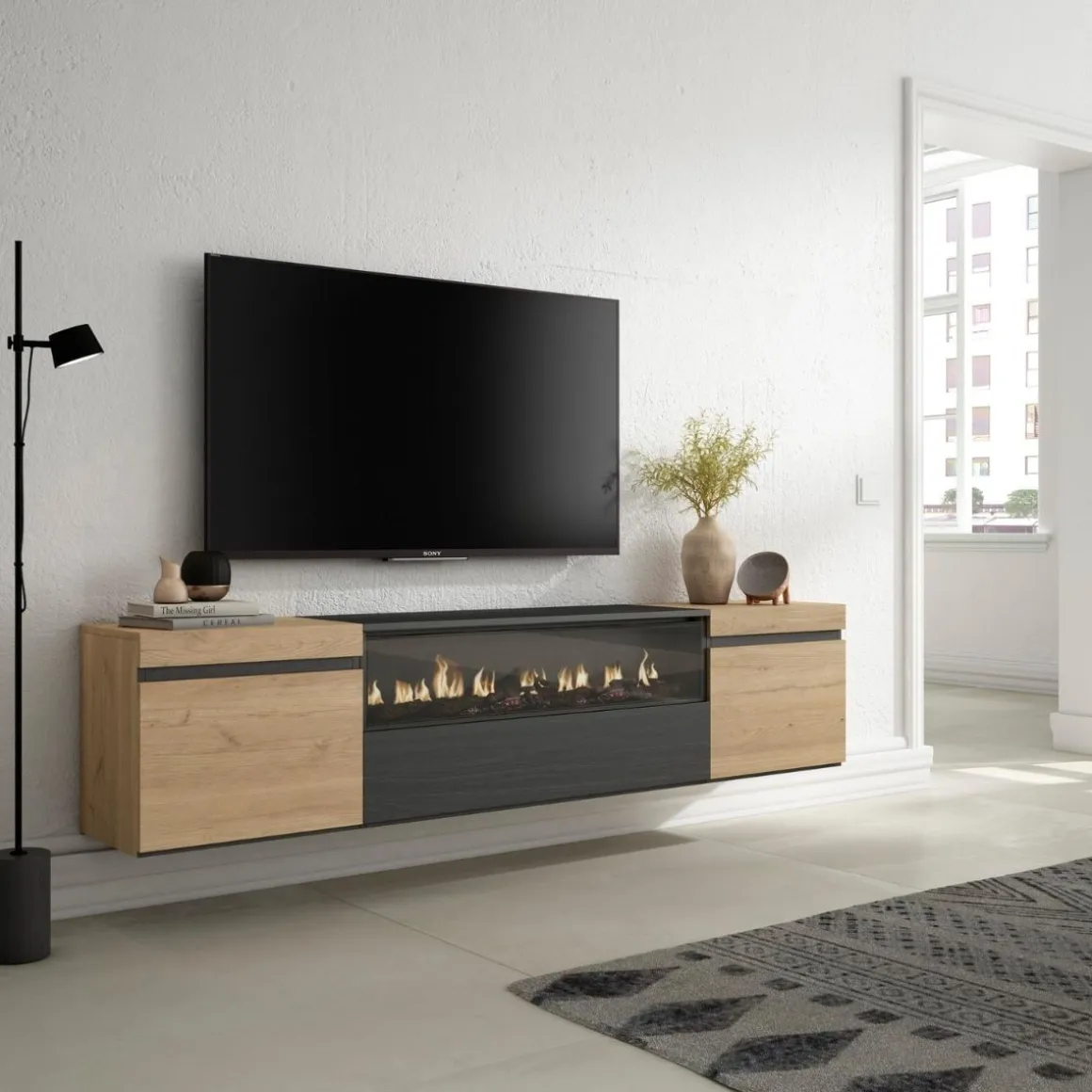 Mueble de TV Kroma con chimenea al centro diseño flotante 45x203x34,6 cm