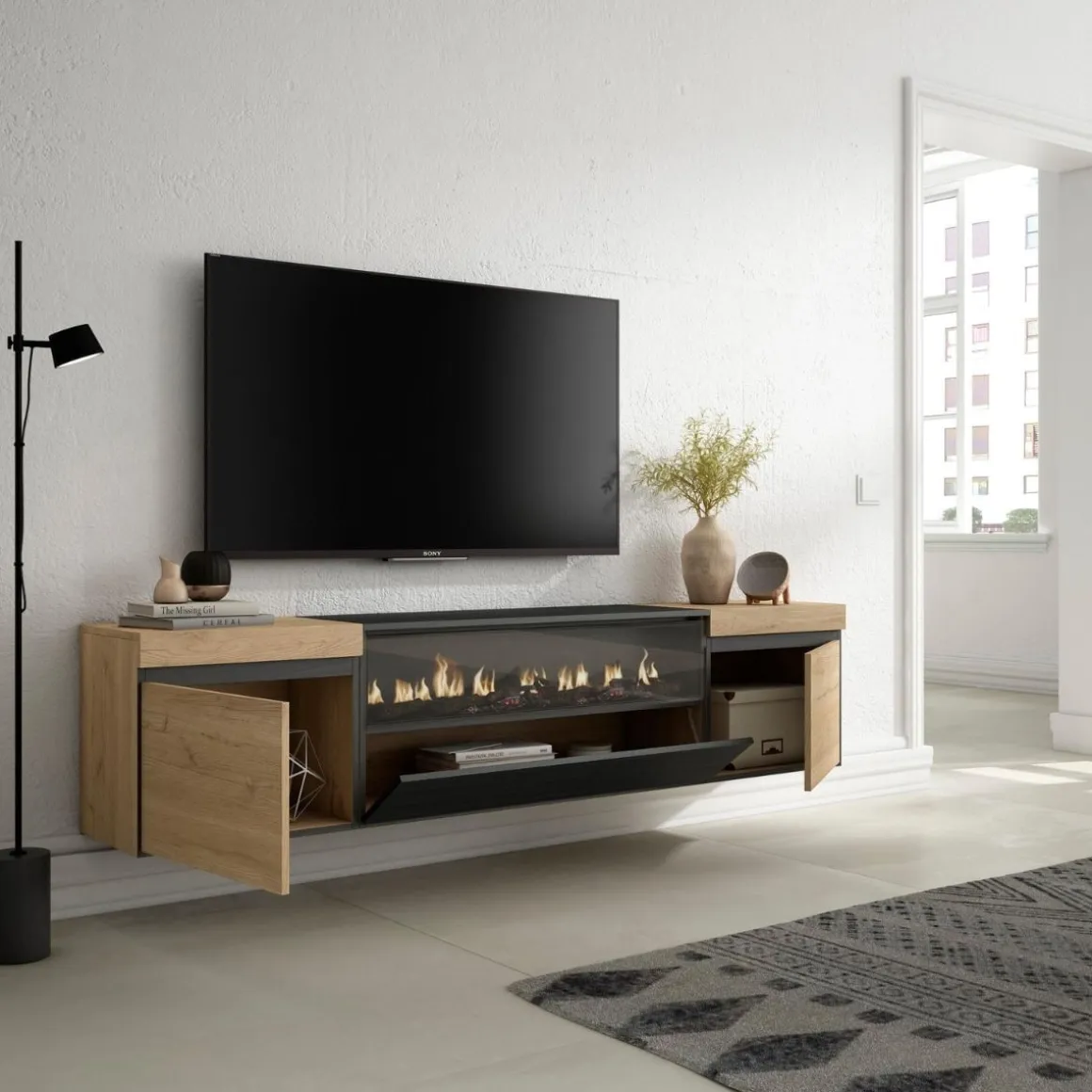Mueble de TV Kroma con chimenea al centro diseño flotante 45x203x34,6 cm