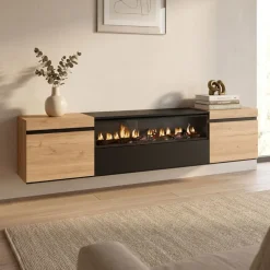 Mueble de TV Kroma con chimenea al centro diseño flotante 45x203x34,6 cm