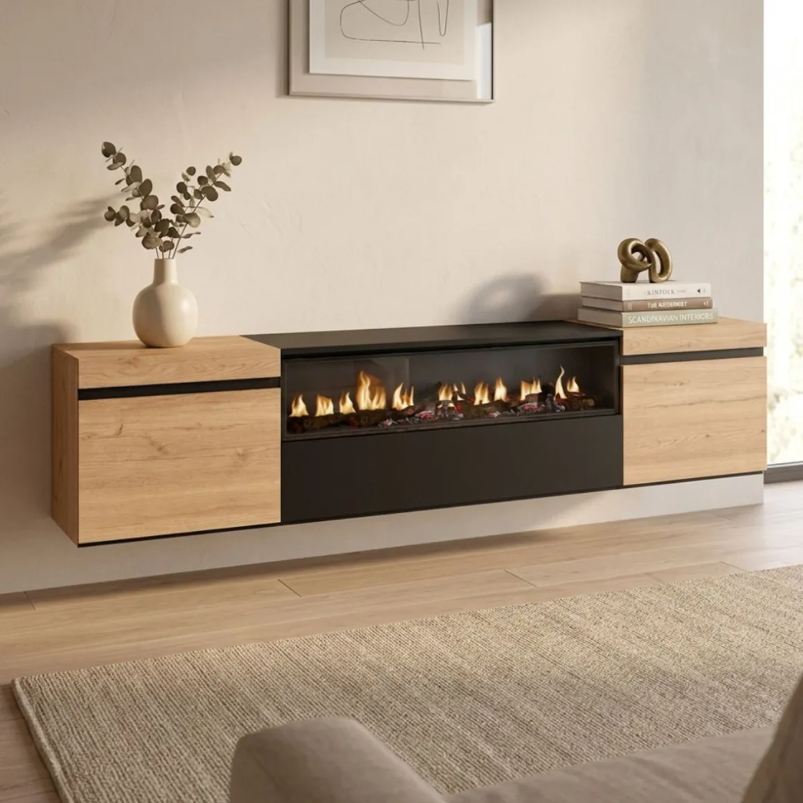 Mueble de TV Kroma con chimenea al centro diseño flotante 45x203x34,6 cm