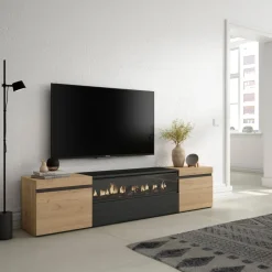Mueble de TV Kroma con chimenea y 2 puertas laterales 45x203x34,6 cm