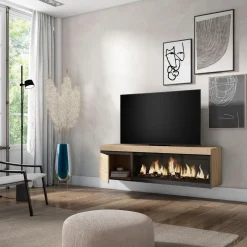 Mueble de TV Kroma con chimenea derecha diseño flotante natural/negro 45x158x35 cm