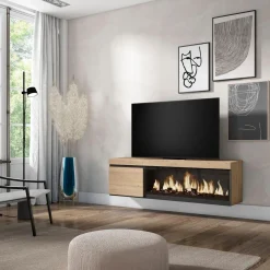 Mueble de TV Kroma con chimenea derecha diseño flotante natural/negro 45x158x35 cm