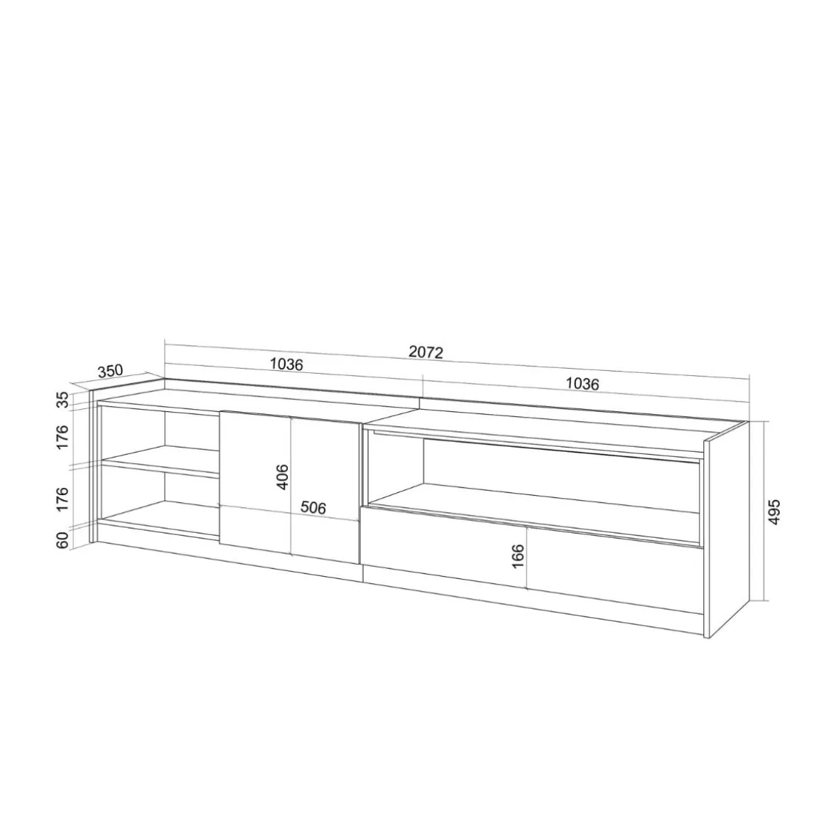 Mueble de TV Kroma con dos puertas y compartimento a la derecha 49,5x207,2x35 cm