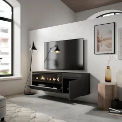 Mueble de TV Kroma diseño flotante con chimenea izquierda 45x152,5x34,6 cm
