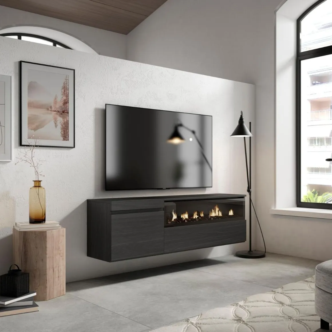 Mueble de TV Kroma diseño flotante con chimenea derecha 45x152,5x34,6 cm