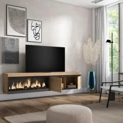 Mueble de TV Kroma diseño flotante dos puertas chimenea izquierda 45x208,2x34,6 cm