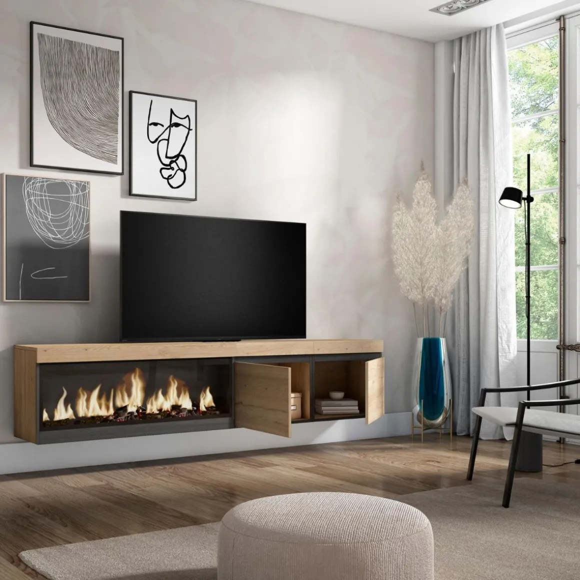 Mueble de TV Kroma diseño flotante dos puertas chimenea izquierda 45x208,2x34,6 cm