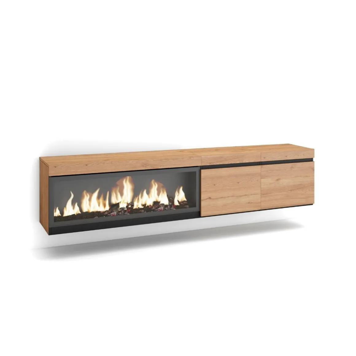 Mueble de TV Kroma diseño flotante dos puertas chimenea izquierda 45x208,2x34,6 cm