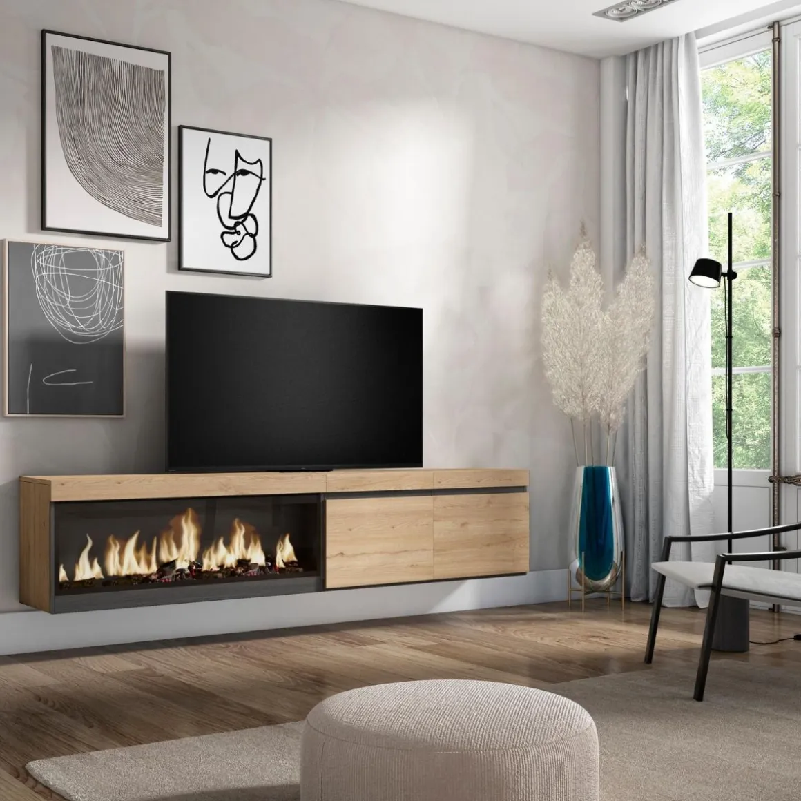Mueble de TV Kroma diseño flotante dos puertas chimenea izquierda 45x208,2x34,6 cm