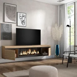 Mueble de TV Kroma diseño flotante 2 puertas con chimenea central 45x208,2x34,6 cm