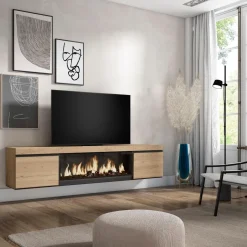 Mueble de TV Kroma diseño flotante 2 puertas con chimenea central 45x208,2x34,6 cm