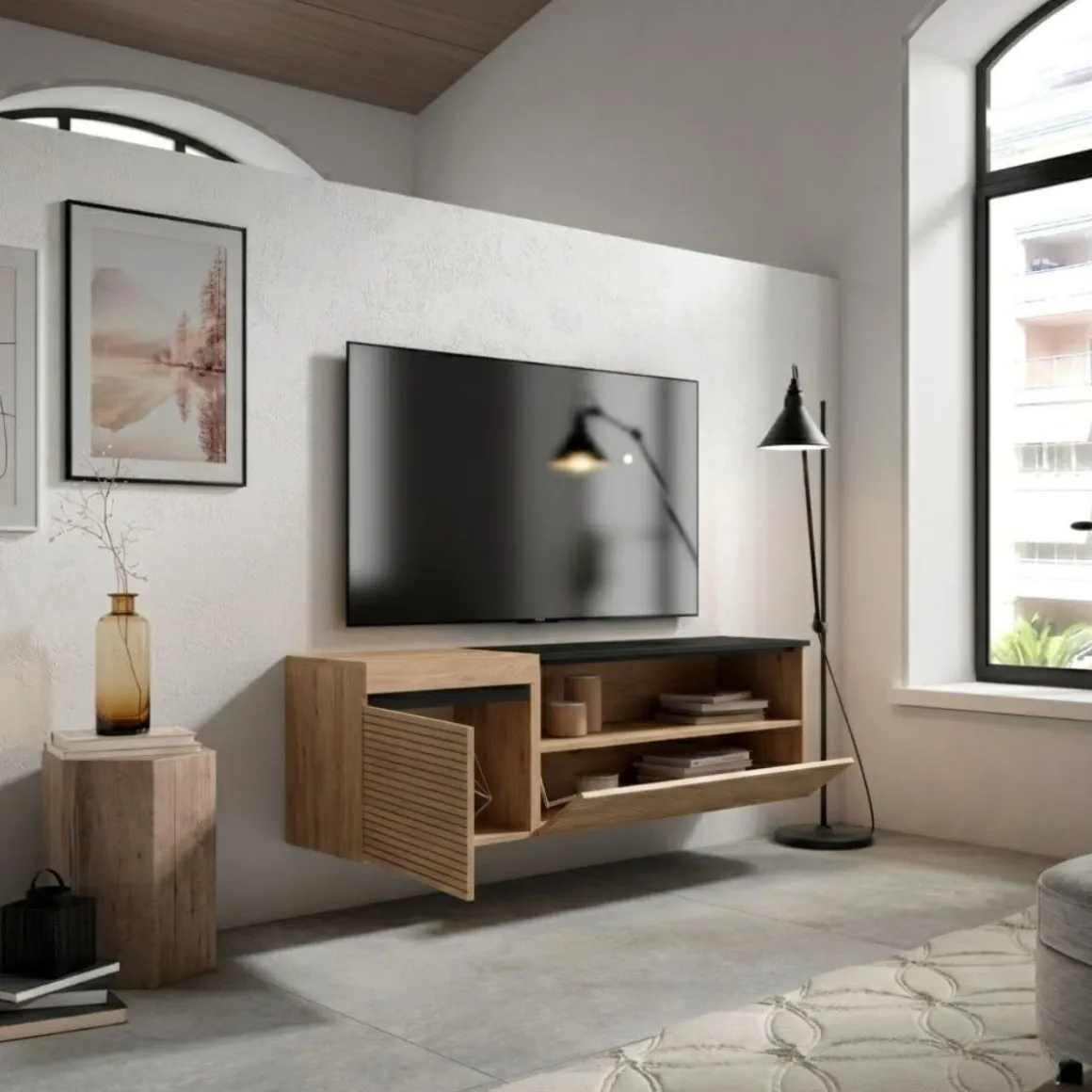 Mueble de TV Kroma diseño flotante compartimento derecha 45x152,5x34,6 cm