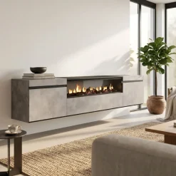 Mueble de TV Kroma diseño flotante con chimenea al centro 45x203x34,6 cm