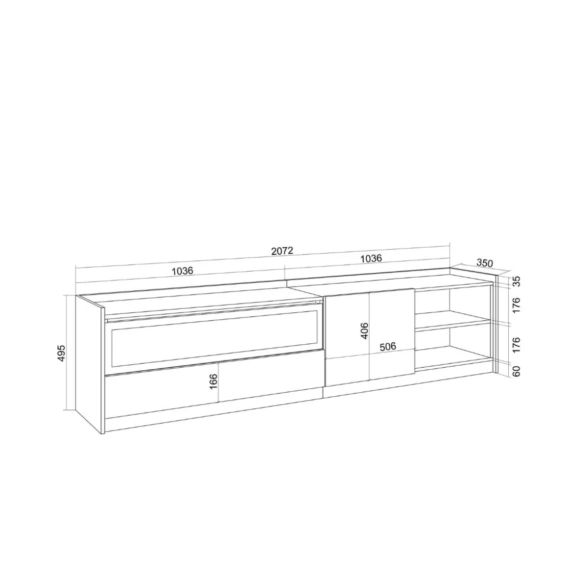 Mueble de TV Kroma dos compartimentos con chimenea izquierda 49,5x207,2x35 cm