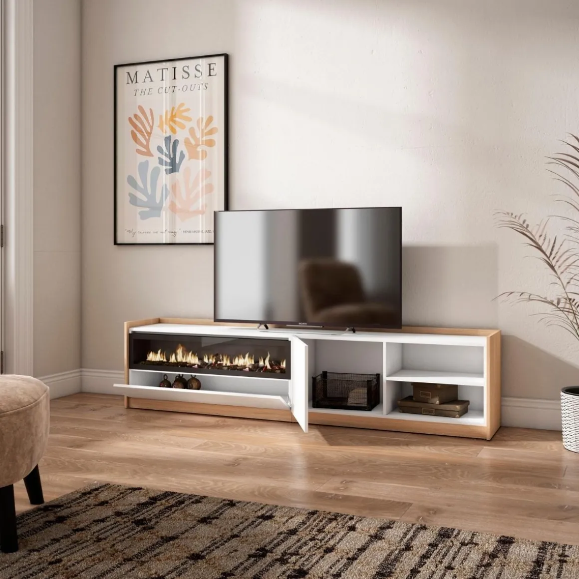 Mueble de TV Kroma dos compartimentos con chimenea izquierda 49,5x207,2x35 cm