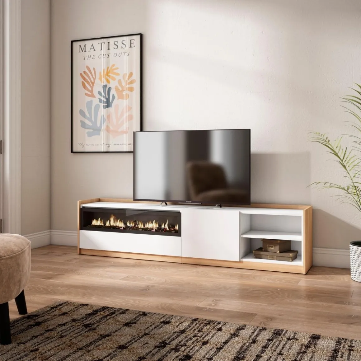 Mueble de TV Kroma dos compartimentos con chimenea izquierda 49,5x207,2x35 cm