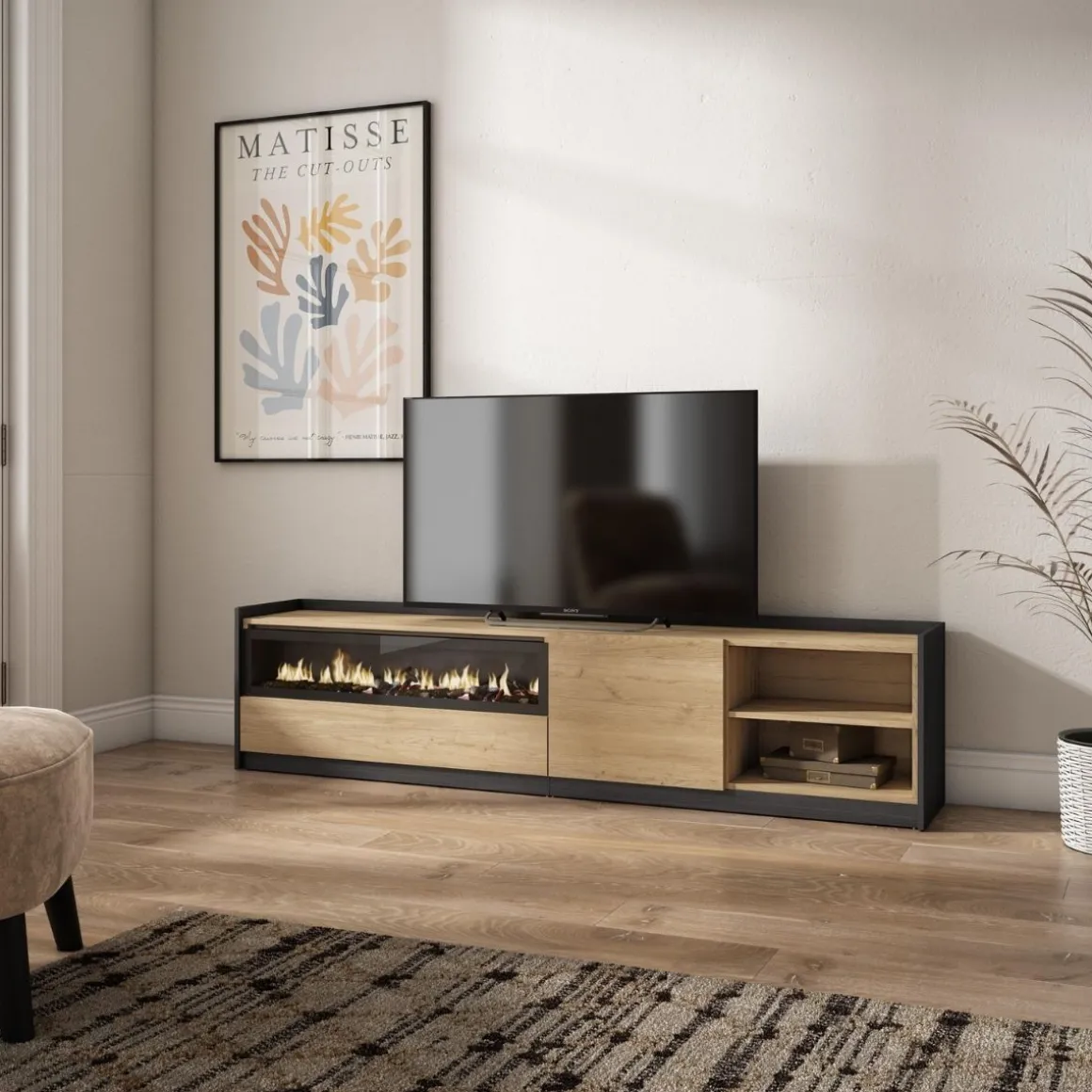 Mueble de TV Kroma dos compartimentos con chimenea izquierda 49,5x207,2x35 cm