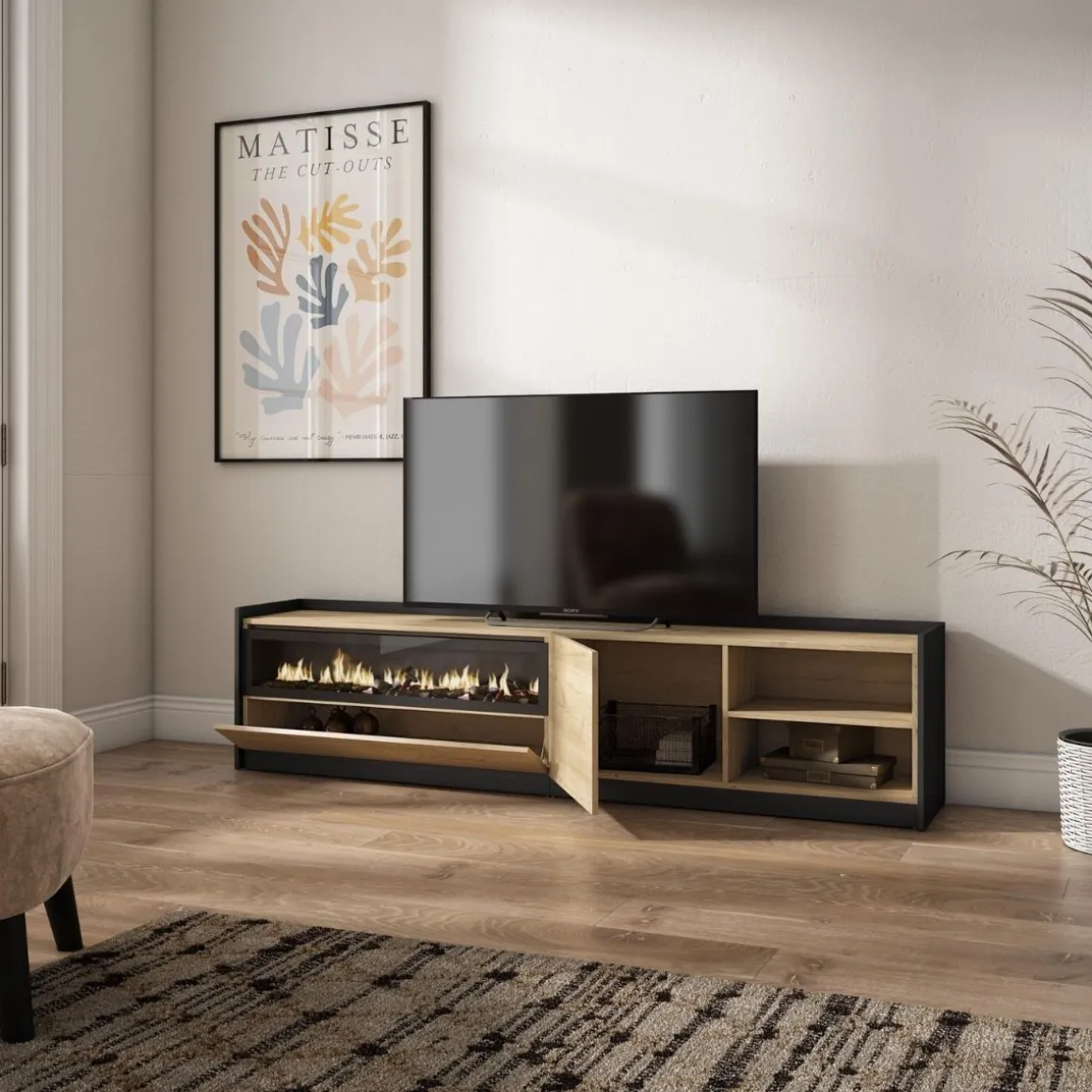 Mueble de TV Kroma dos compartimentos con chimenea izquierda 49,5x207,2x35 cm