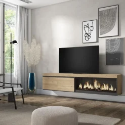 Mueble de TV Kroma dos puertas con chimenea derecha y diseño flotante 45x208,2x34,6 cm