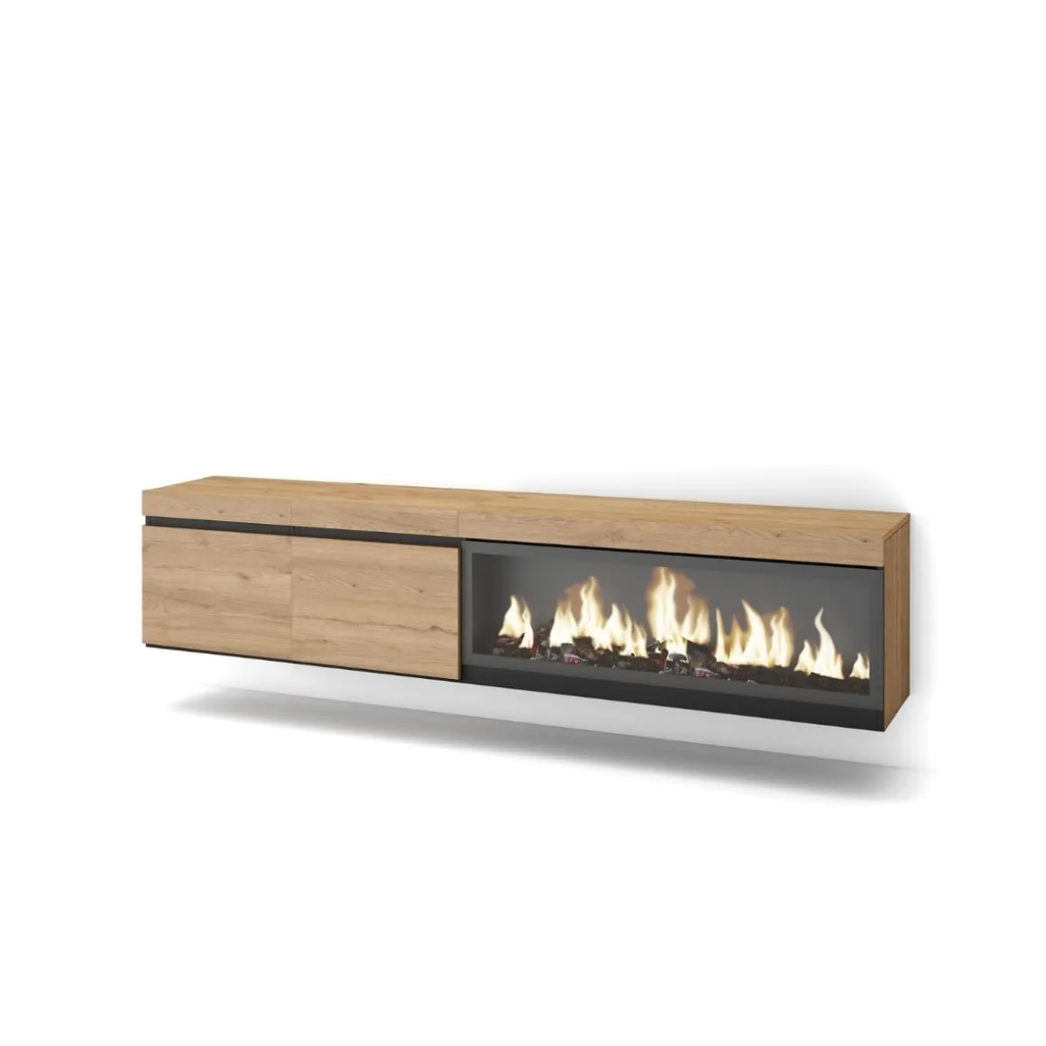 Mueble de TV Kroma dos puertas con chimenea derecha y diseño flotante 45x208,2x34,6 cm