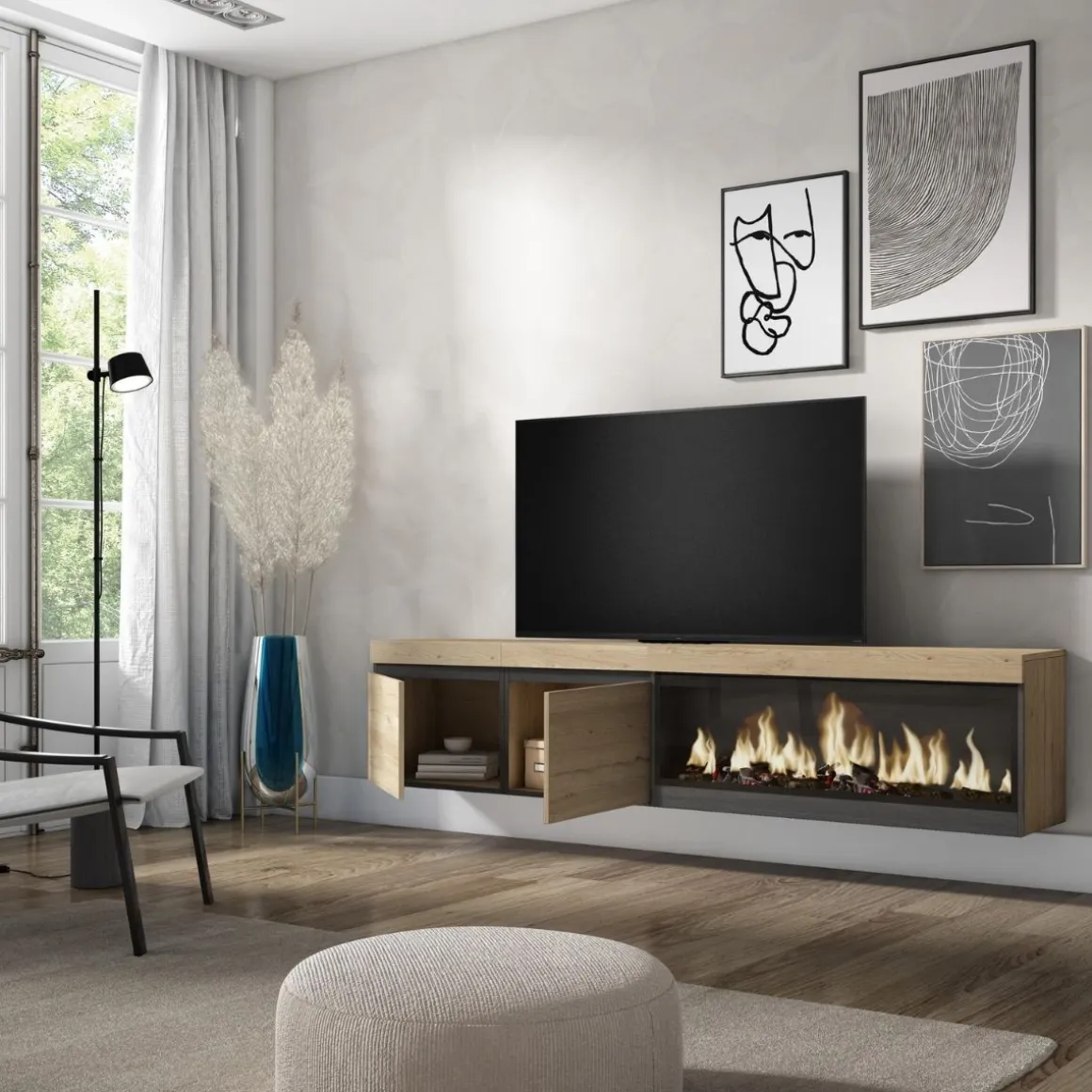 Mueble de TV Kroma dos puertas con chimenea derecha y diseño flotante 45x208,2x34,6 cm