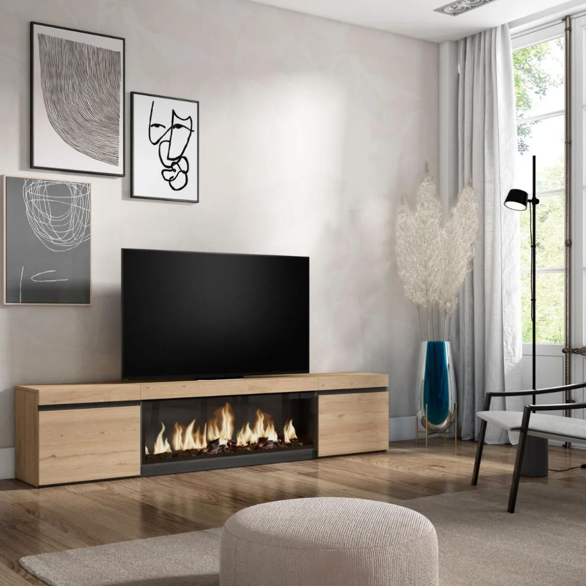Mueble de TV Kroma dos puertas con chimenea central 45x208,2x34,6 cm