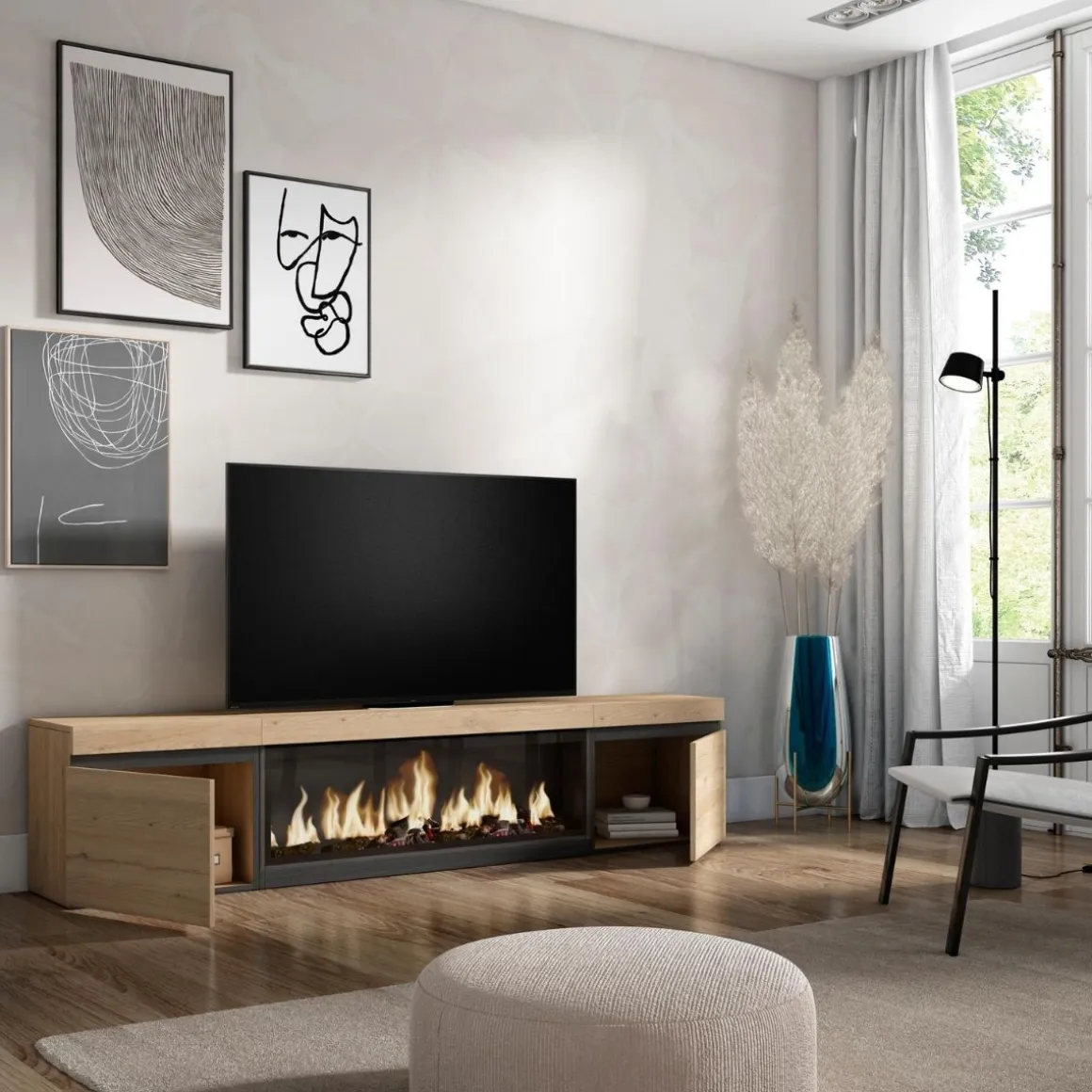 Mueble de TV Kroma dos puertas con chimenea central 45x208,2x34,6 cm