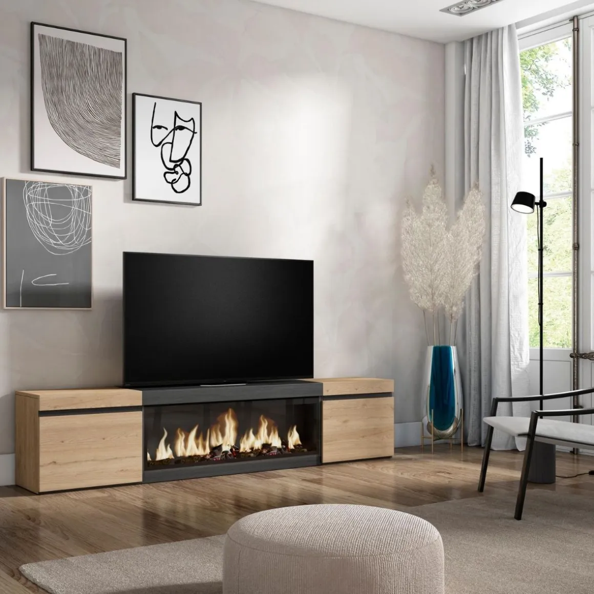 Mueble de TV Kroma dos puertas con chimenea central 45x208,2x34,6 cm