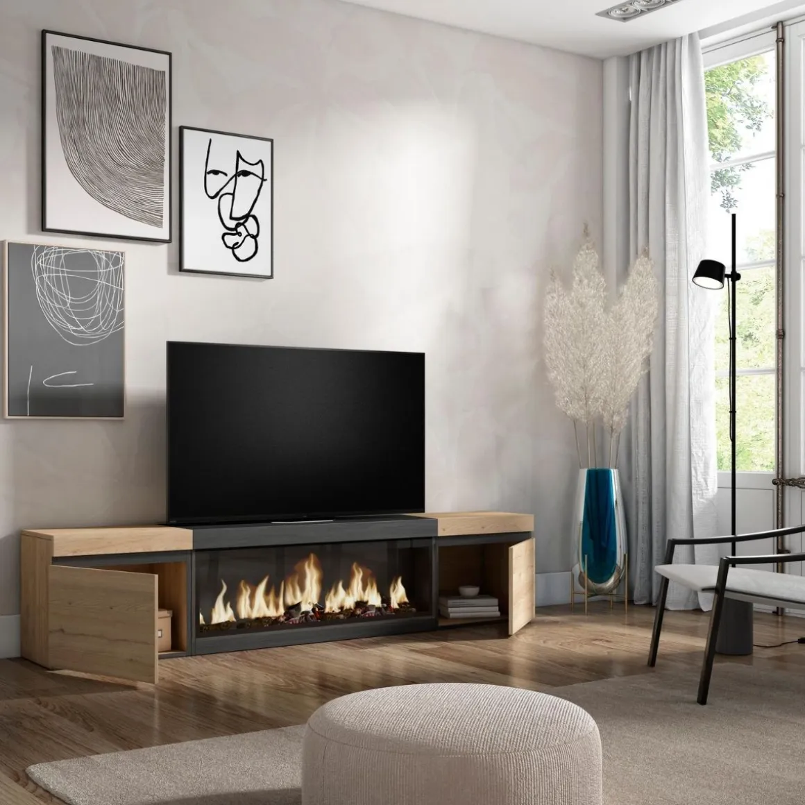 Mueble de TV Kroma dos puertas con chimenea central 45x208,2x34,6 cm