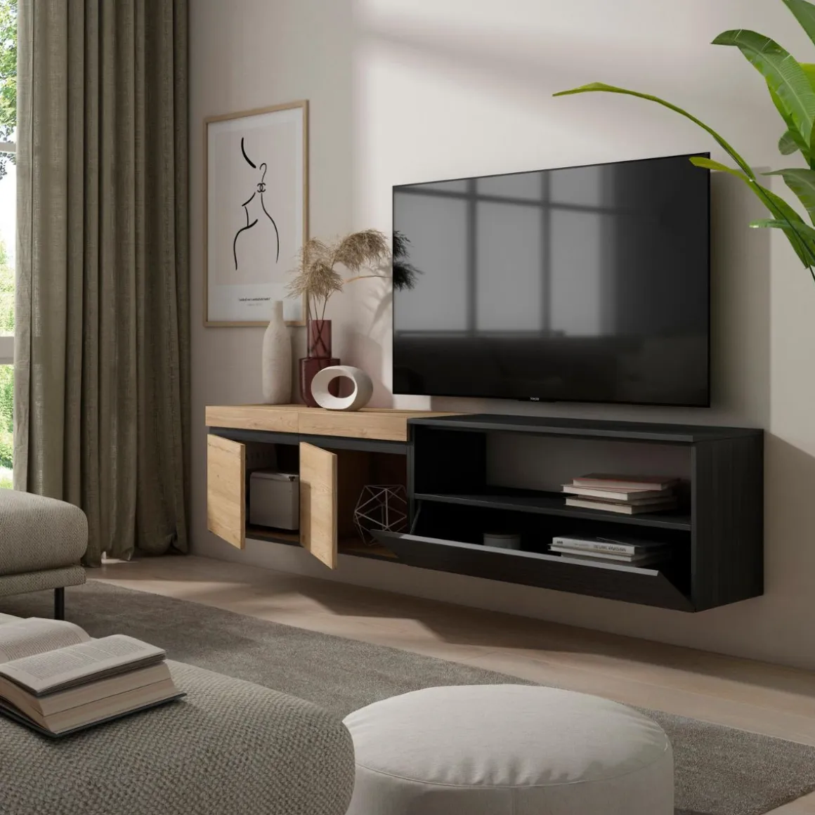 Mueble de TV Kroma flotante 3 puertas con estante derecha 45x203x35 cm