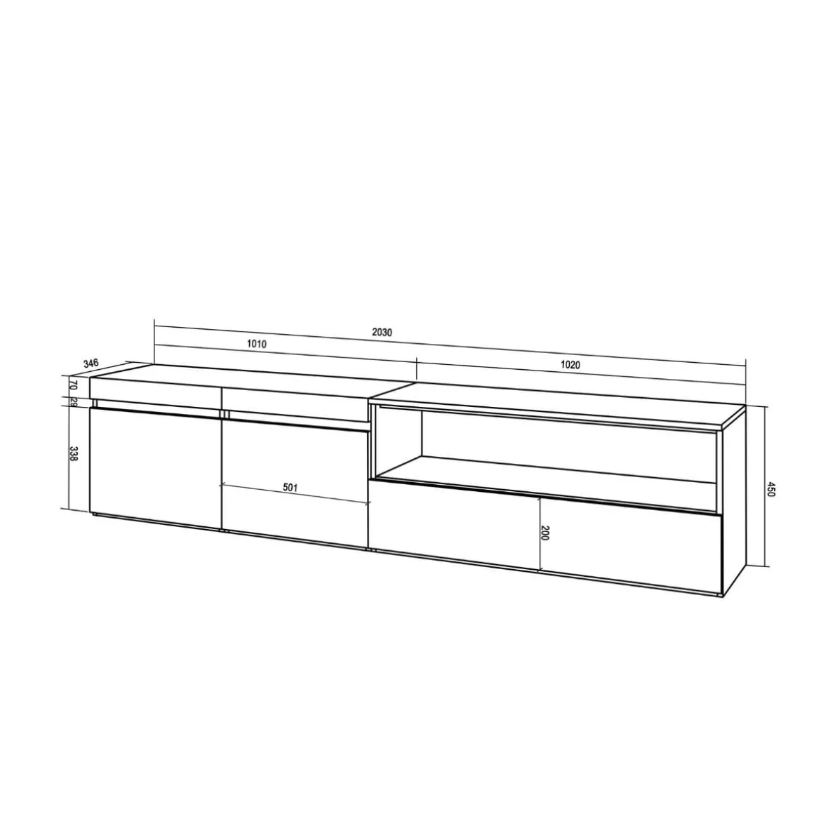 Mueble de TV Kroma flotante 3 puertas con estante derecha 45x203x35 cm
