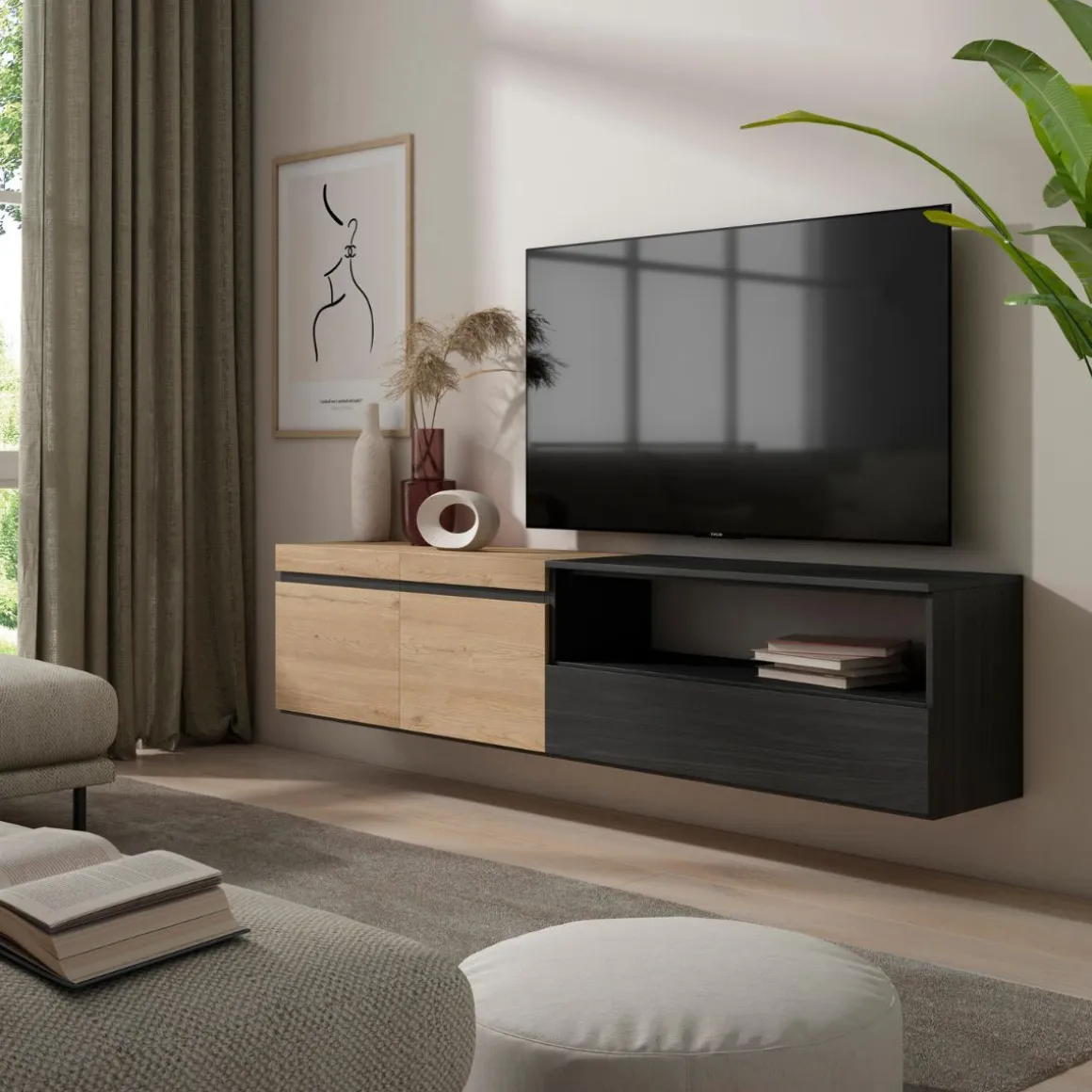 Mueble de TV Kroma flotante 3 puertas con estante derecha 45x203x35 cm