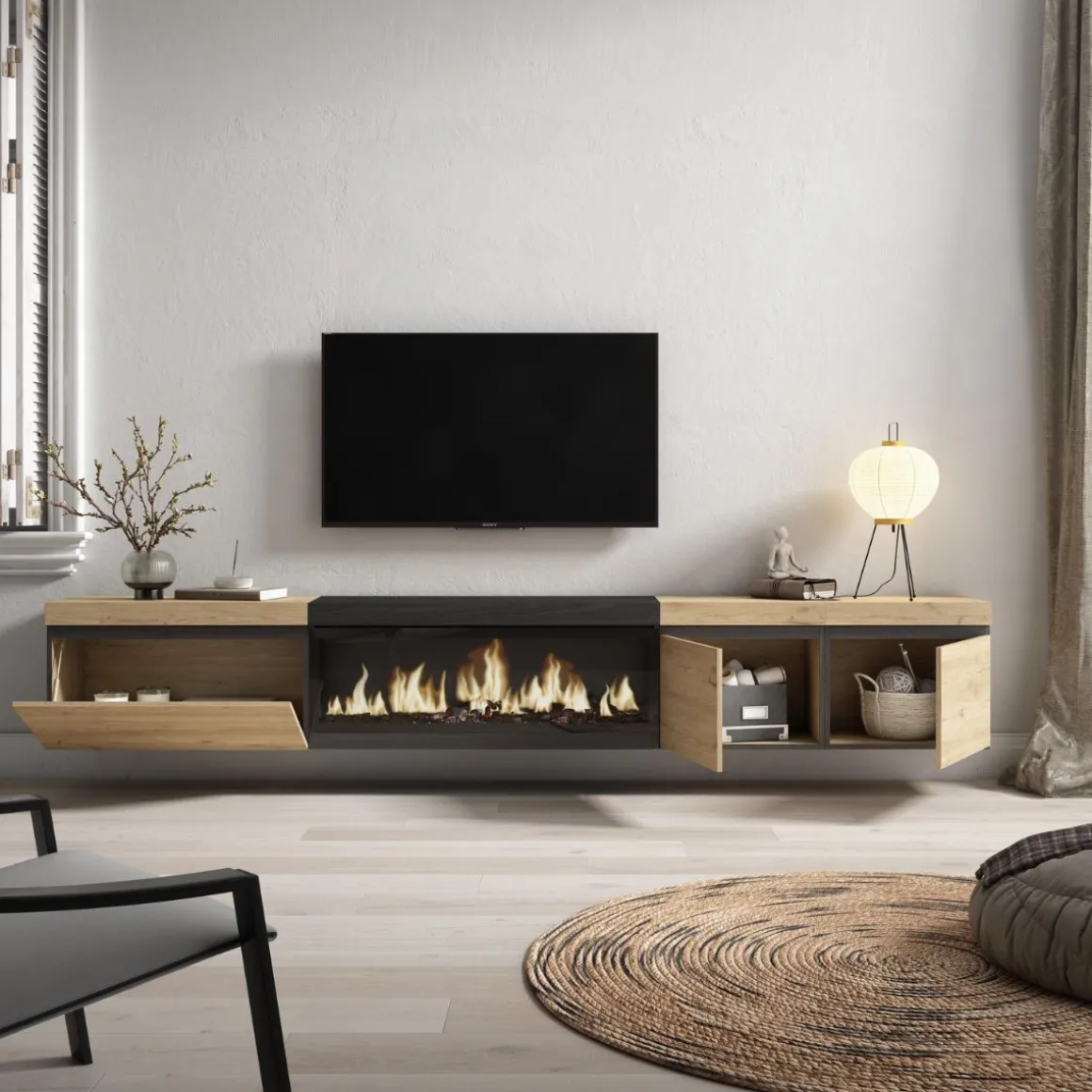 Mueble de TV Kroma flotante 3 puertas con chimenea centro 45x288x35 cm