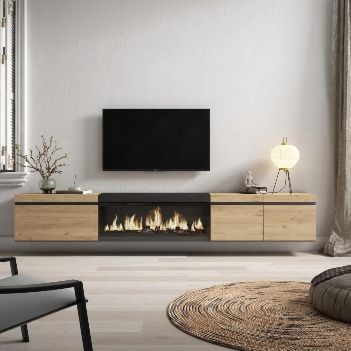 Mueble de TV Kroma flotante 3 puertas con chimenea centro 45x288x35 cm