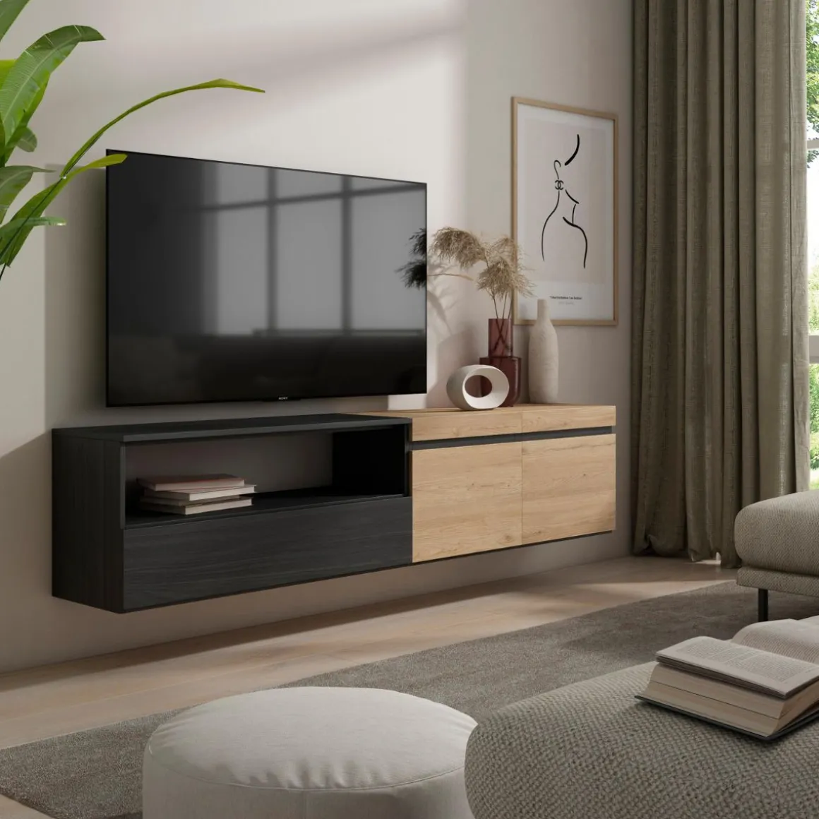 Mueble de TV Kroma flotante 3 puertas con estante izquierda 45x203x35 cm