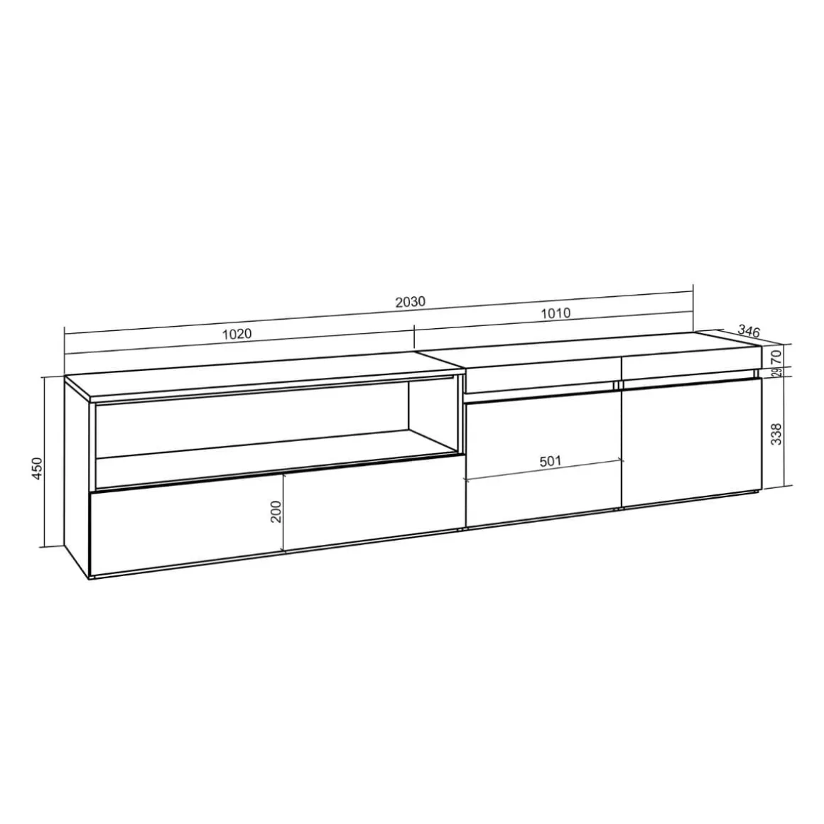 Mueble de TV Kroma flotante 3 puertas con estante izquierda 45x203x35 cm